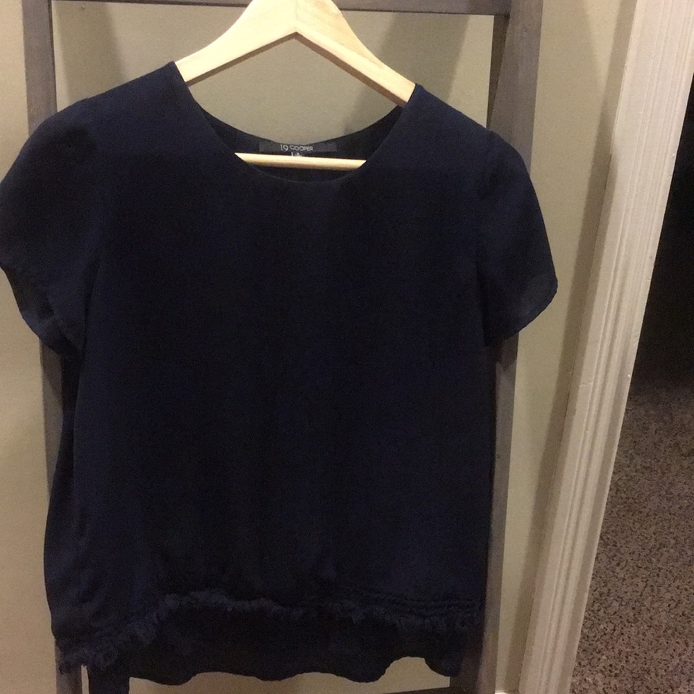 Blue Fringe, split back, blouse